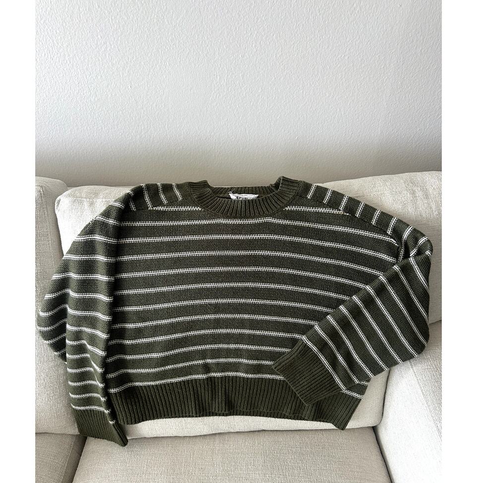 For The Republic Striped Knit Sweater Sz M Olive Green/White Crop top Crewneck